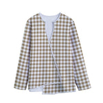 Tan And White Gingham Pattern Print Long Sleeve Short Coat