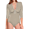 Tan And White Gingham Pattern Print Long Sleeve Swimsuit