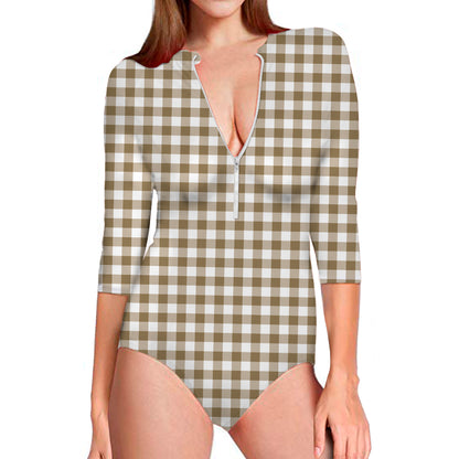 Tan And White Gingham Pattern Print Long Sleeve Swimsuit