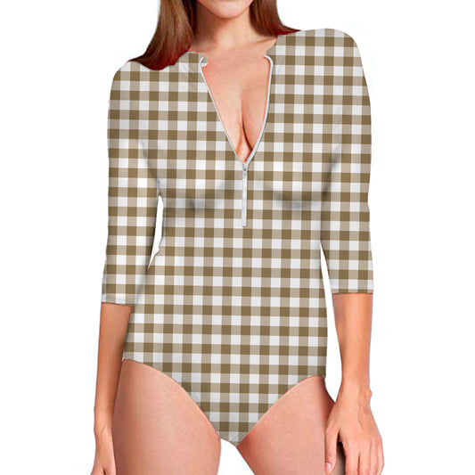 Tan And White Gingham Pattern Print Long Sleeve Swimsuit