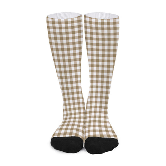Tan And White Gingham Pattern Print Long Socks