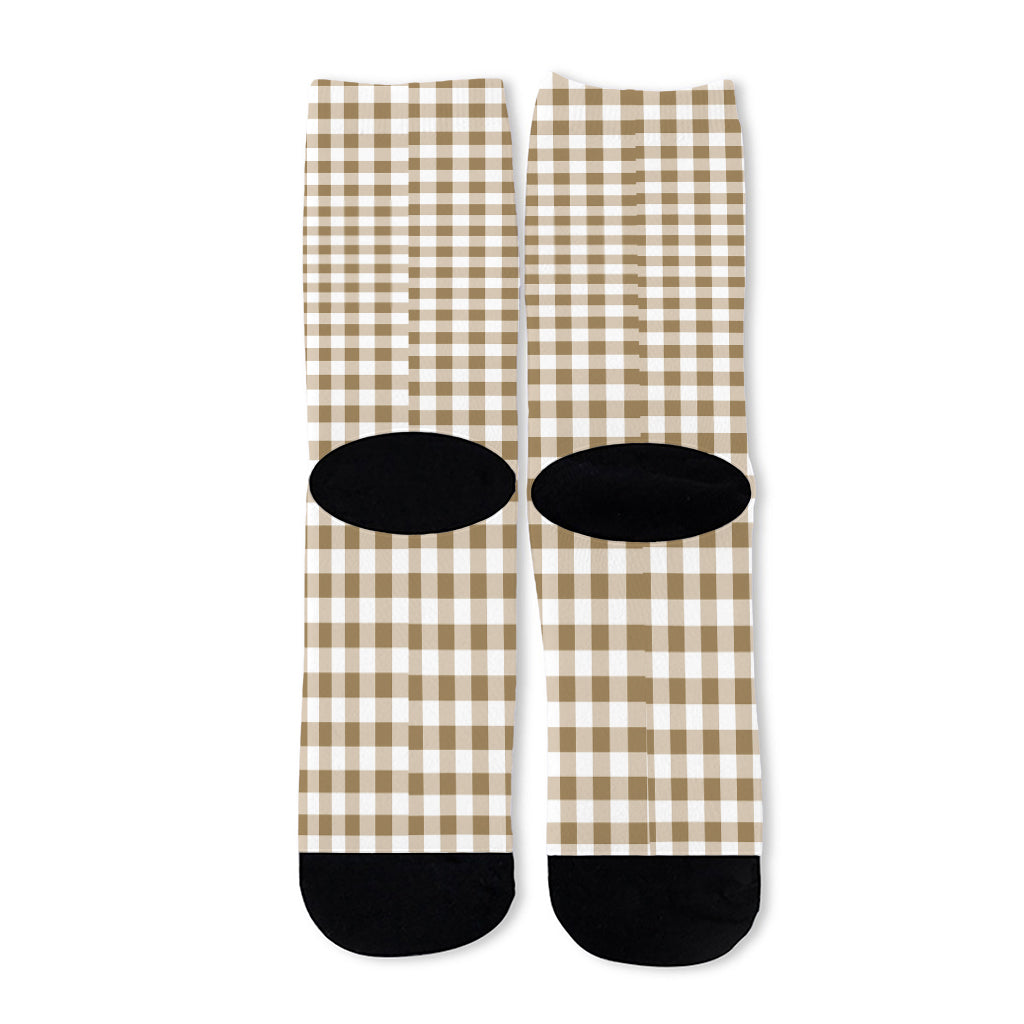 Tan And White Gingham Pattern Print Long Socks