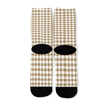 Tan And White Gingham Pattern Print Long Socks