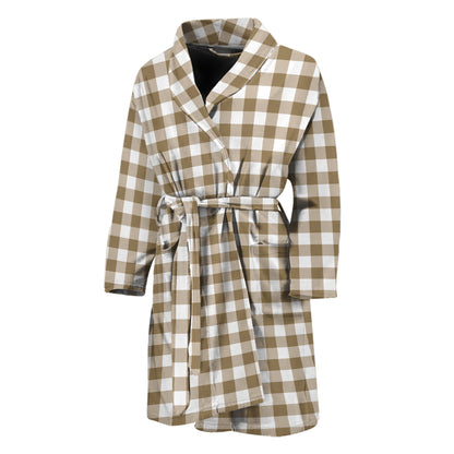 Tan And White Gingham Pattern Print Men's Bathrobe