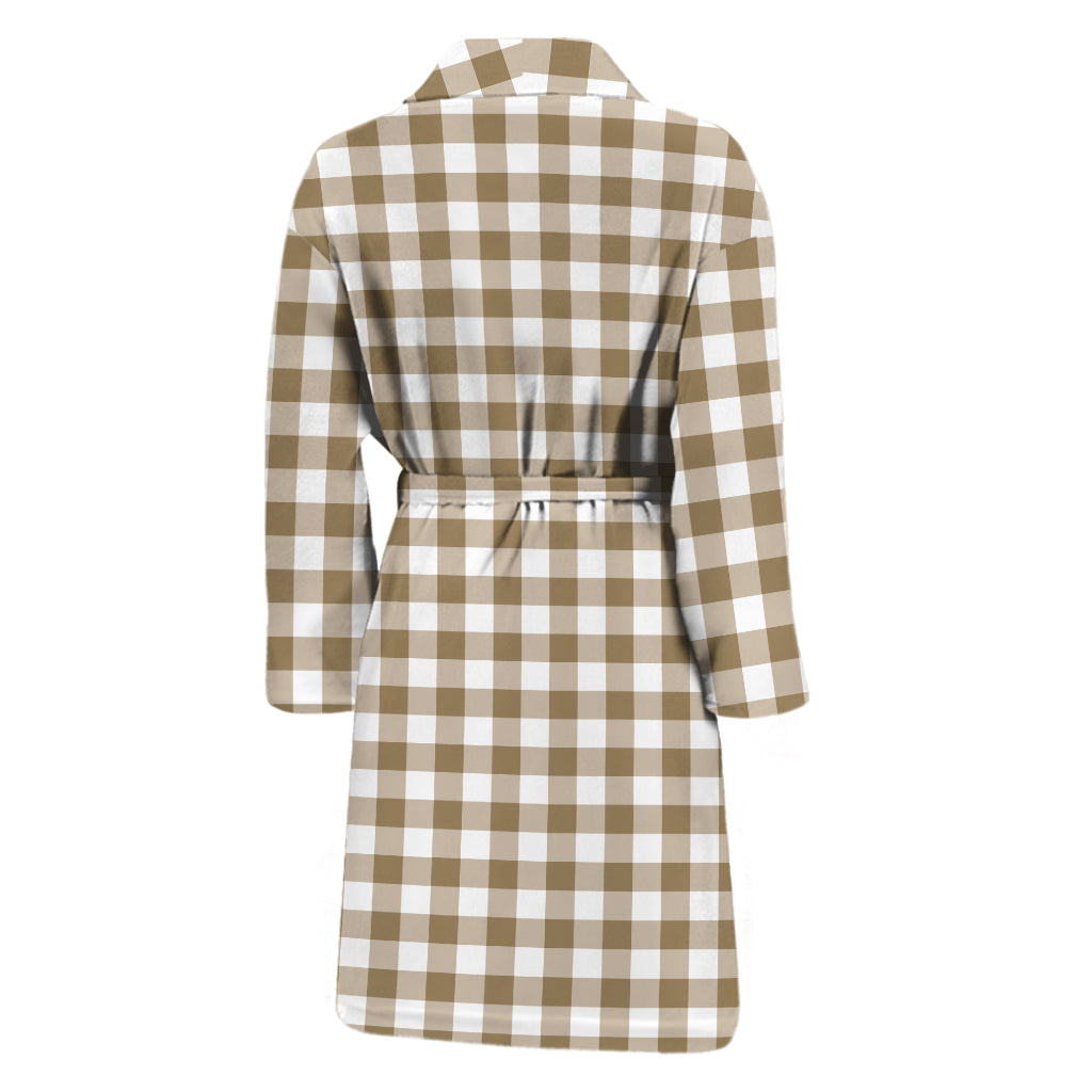 Tan And White Gingham Pattern Print Men's Bathrobe