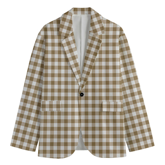 Tan And White Gingham Pattern Print Men's Blazer