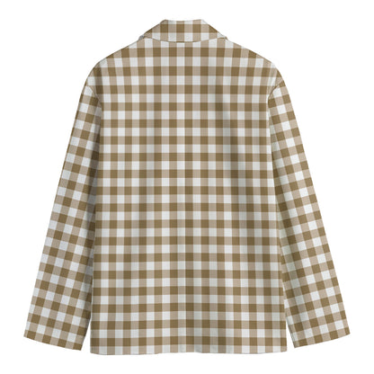 Tan And White Gingham Pattern Print Men's Blazer