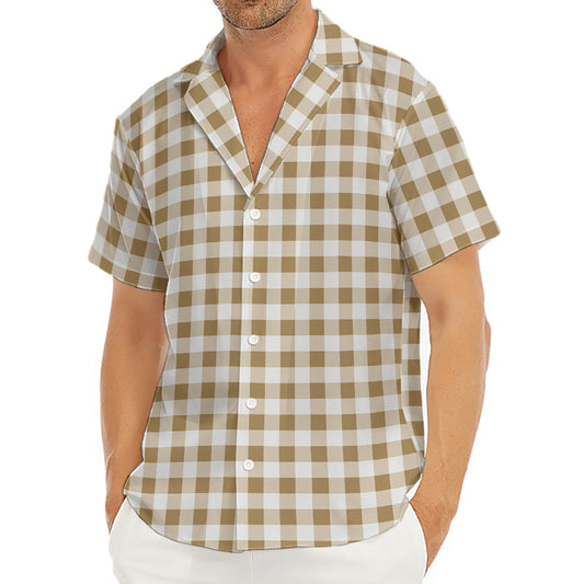 Tan And White Gingham Pattern Print Men's Deep V-Neck Shirt
