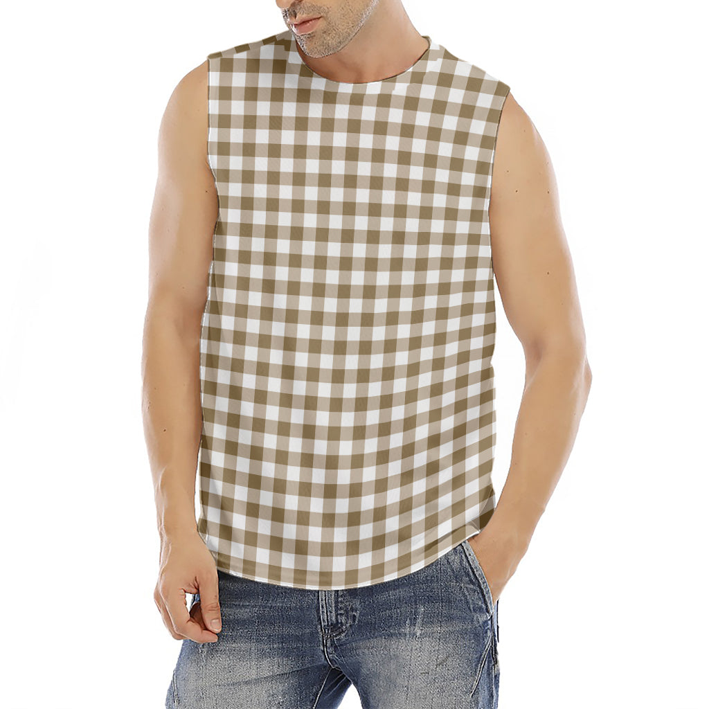 Tan And White Gingham Pattern Print Men's Fitness Tank Top
