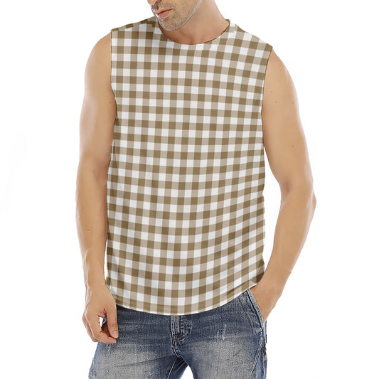 Tan And White Gingham Pattern Print Men's Fitness Tank Top