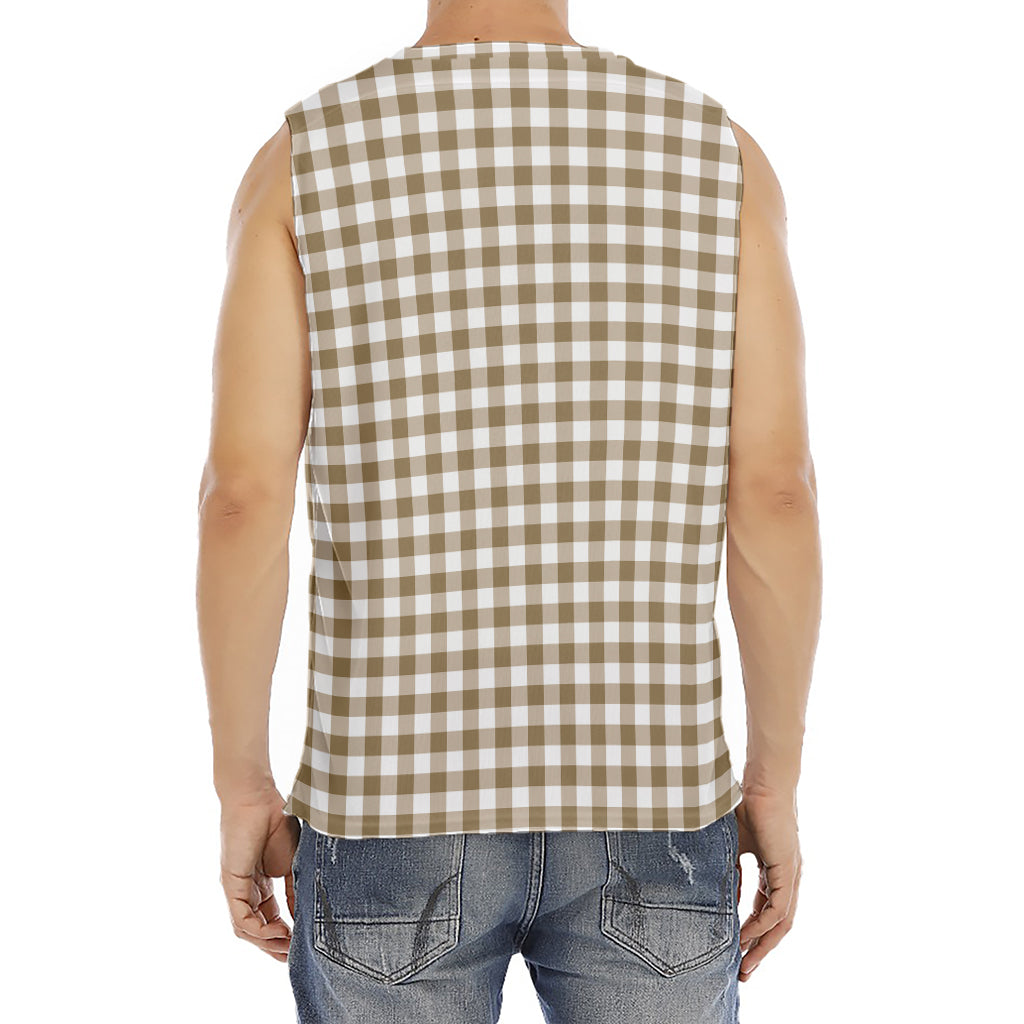 Tan And White Gingham Pattern Print Men's Fitness Tank Top