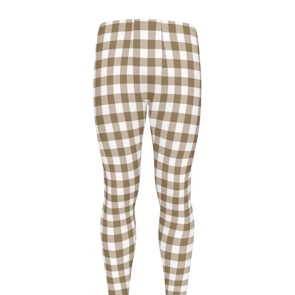 Tan And White Gingham Pattern Print Men's leggings