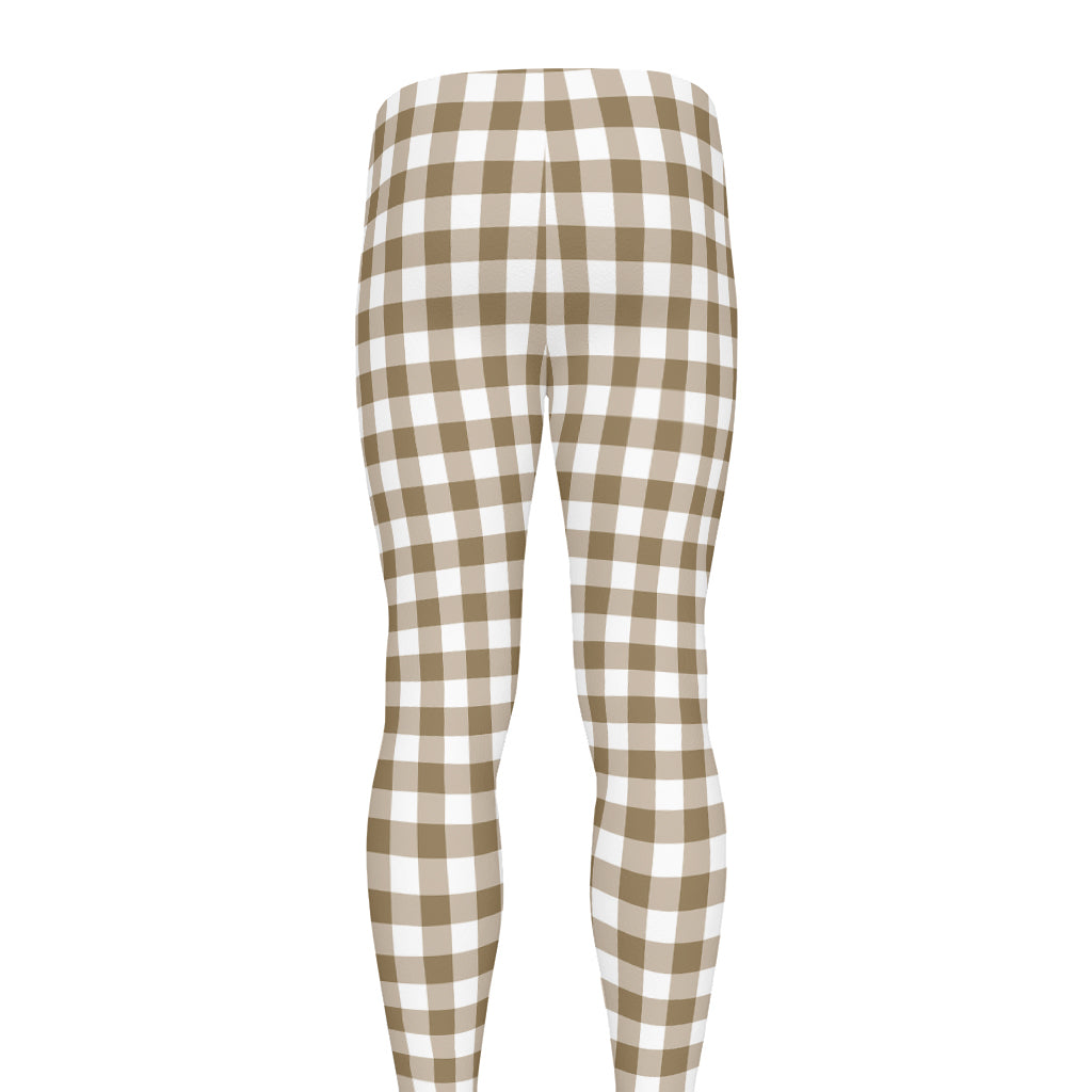 Tan And White Gingham Pattern Print Men's leggings