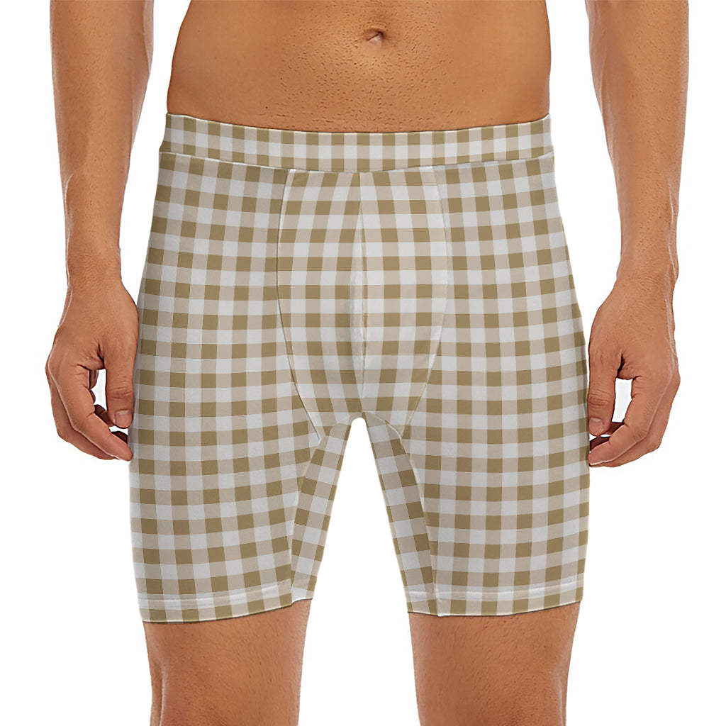 Tan And White Gingham Pattern Print Men's Long Boxer Briefs