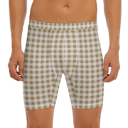 Tan And White Gingham Pattern Print Men's Long Boxer Briefs