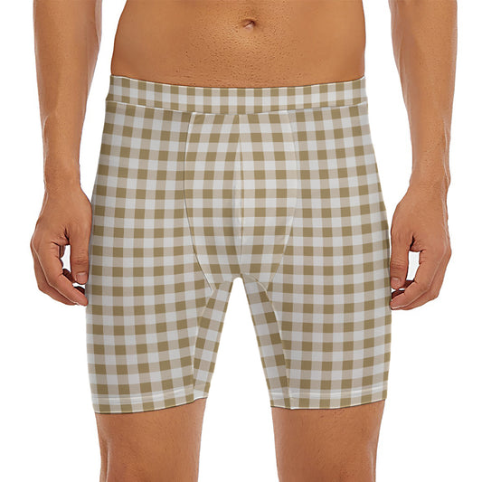 Tan And White Gingham Pattern Print Men's Long Boxer Briefs
