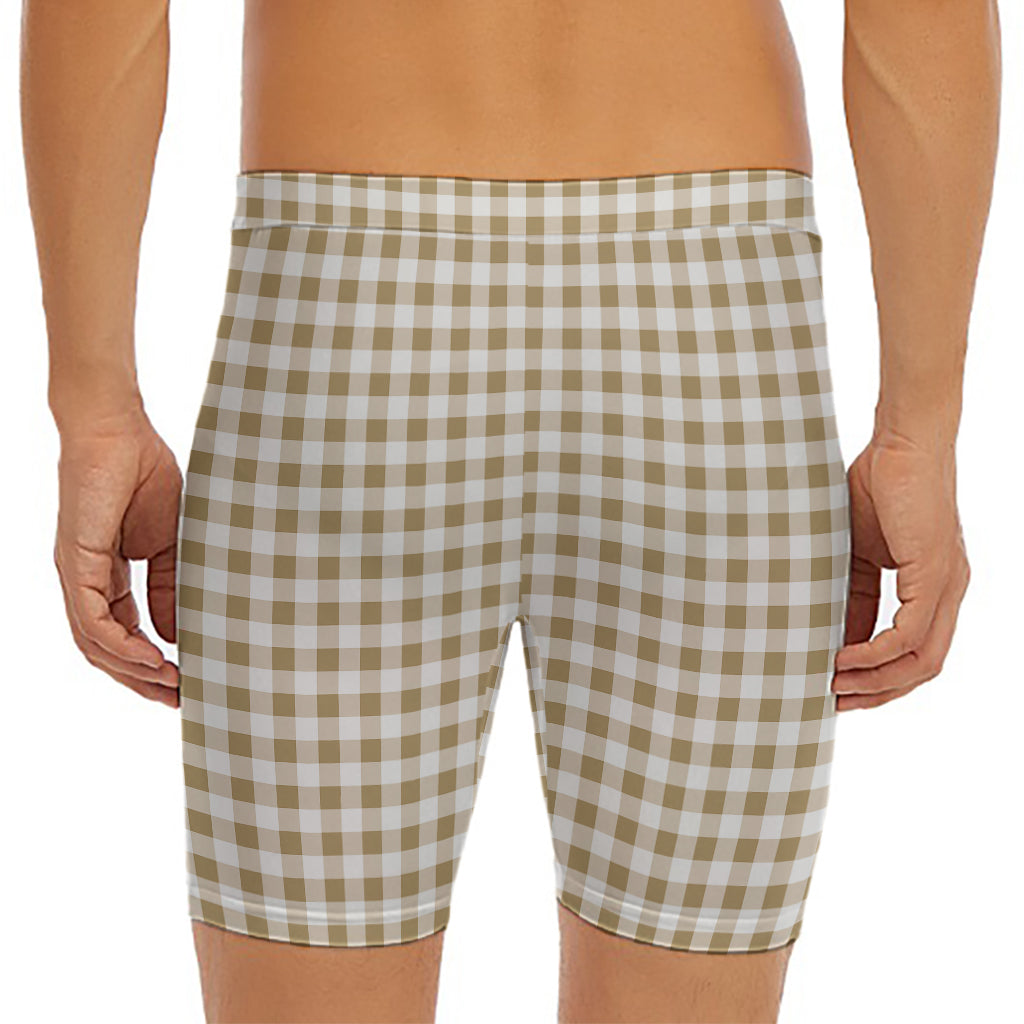 Tan And White Gingham Pattern Print Men's Long Boxer Briefs