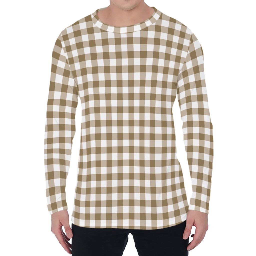 Tan And White Gingham Pattern Print Men's Long Sleeve T-Shirt