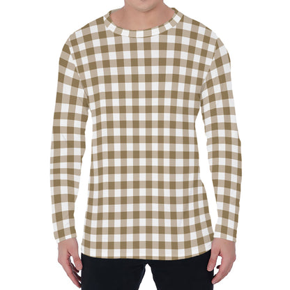 Tan And White Gingham Pattern Print Men's Long Sleeve T-Shirt