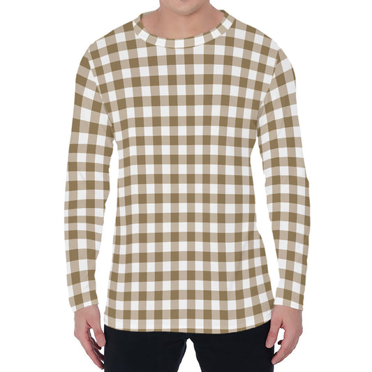 Tan And White Gingham Pattern Print Men's Long Sleeve T-Shirt