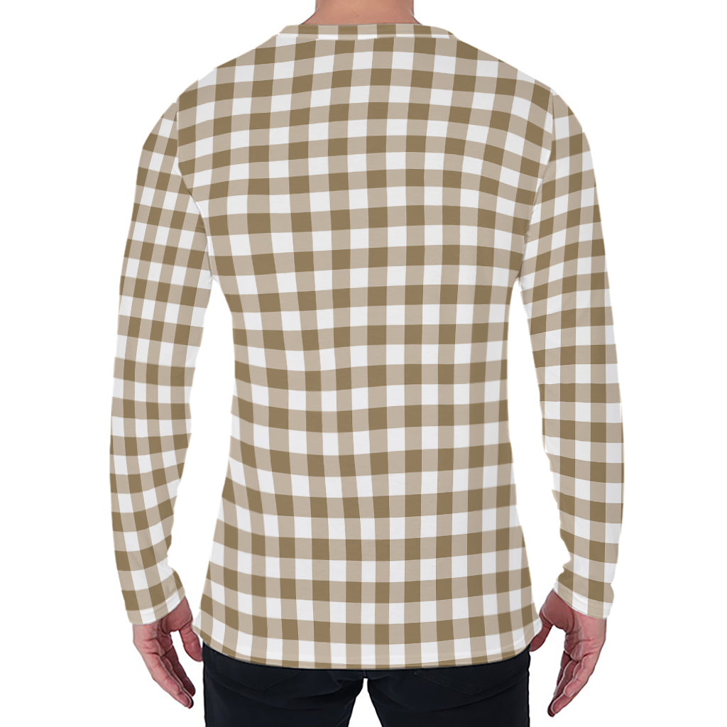 Tan And White Gingham Pattern Print Men's Long Sleeve T-Shirt