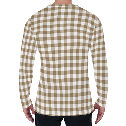 Tan And White Gingham Pattern Print Men's Long Sleeve T-Shirt