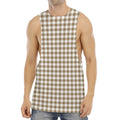 Tan And White Gingham Pattern Print Men's Muscle Tank Top