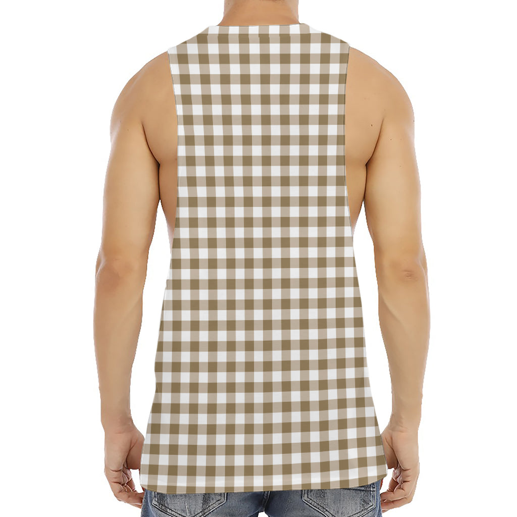 Tan And White Gingham Pattern Print Men's Muscle Tank Top