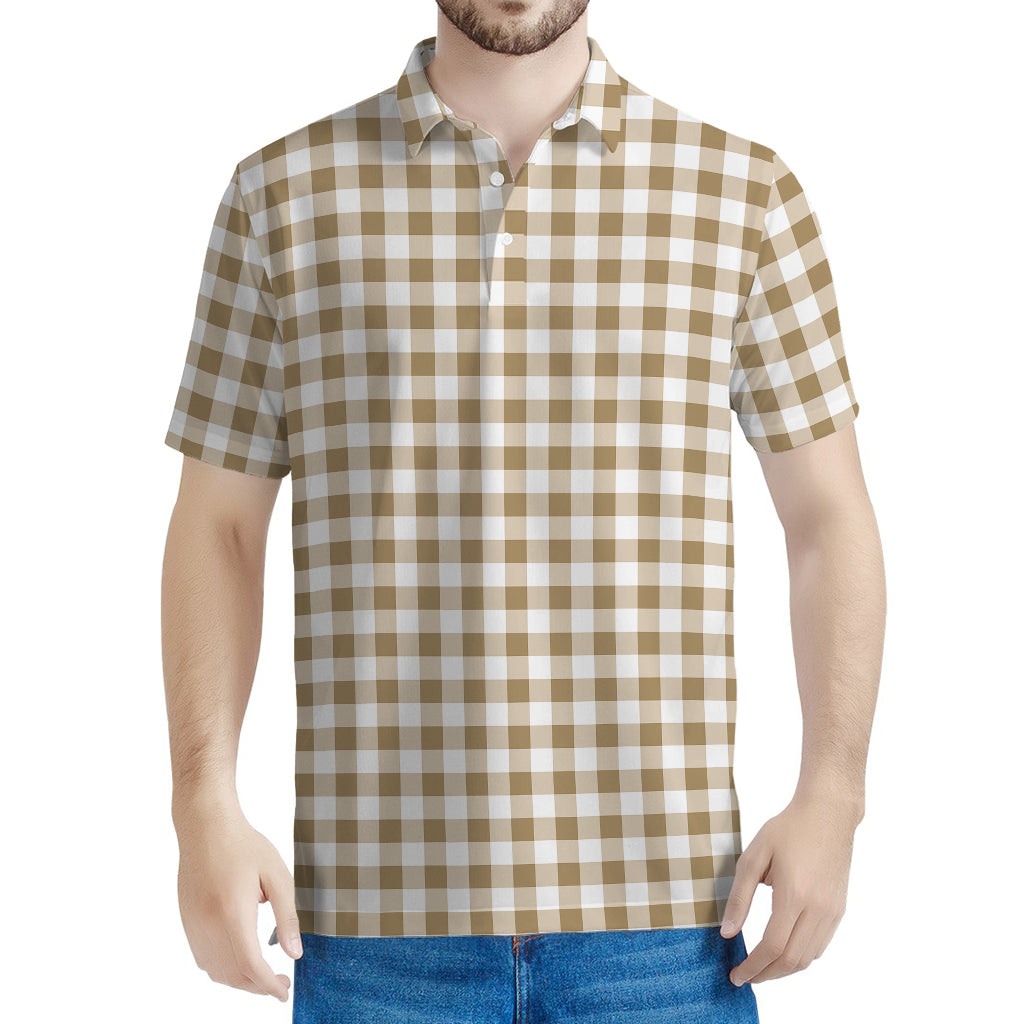Tan And White Gingham Pattern Print Men's Polo Shirt