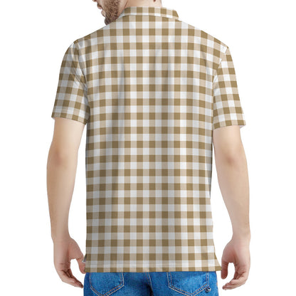 Tan And White Gingham Pattern Print Men's Polo Shirt