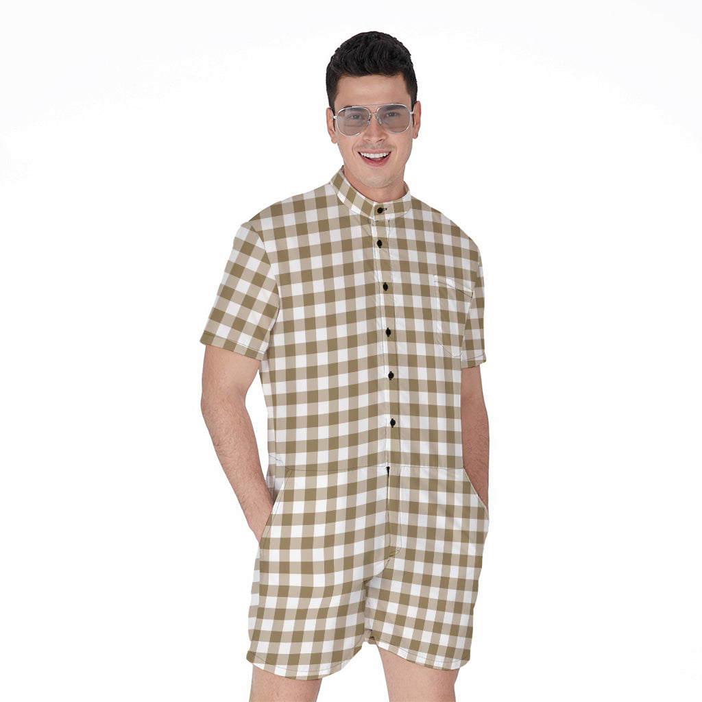 Tan And White Gingham Pattern Print Men's Rompers
