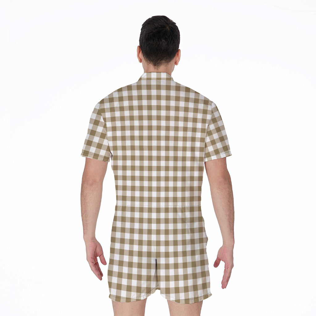 Tan And White Gingham Pattern Print Men's Rompers