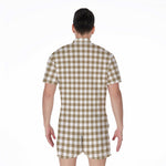 Tan And White Gingham Pattern Print Men's Rompers
