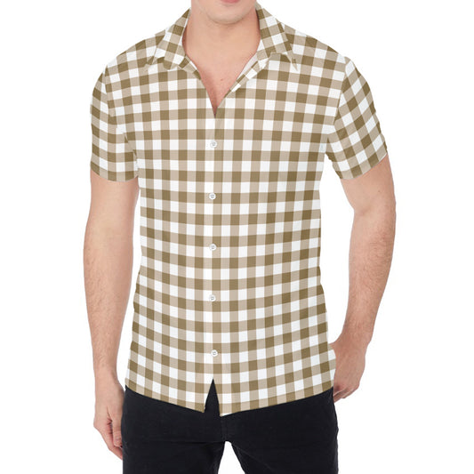 Tan And White Gingham Pattern Print Men's Shirt
