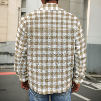 Tan And White Gingham Pattern Print Men's Shirt Jacket