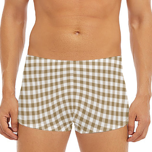 Tan And White Gingham Pattern Print Men's Short Boxer Briefs
