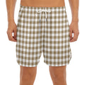Tan And White Gingham Pattern Print Men's Split Running Shorts