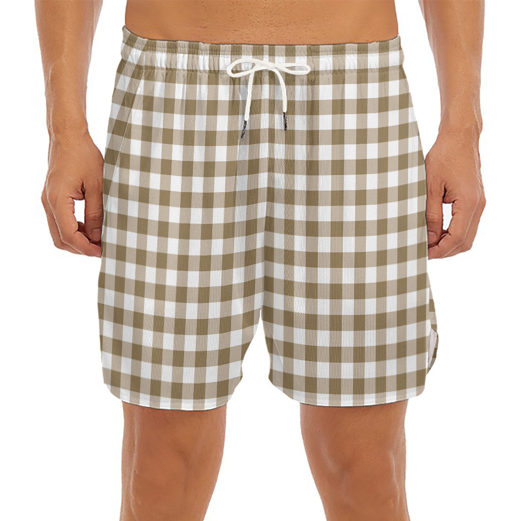 Tan And White Gingham Pattern Print Men's Split Running Shorts