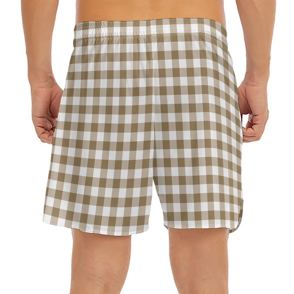 Tan And White Gingham Pattern Print Men's Split Running Shorts