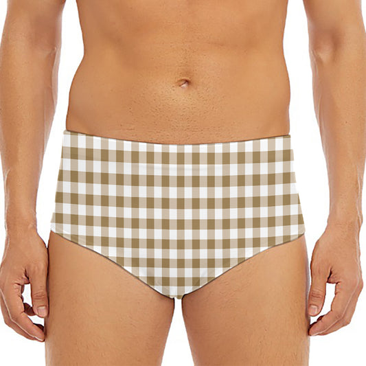 Tan And White Gingham Pattern Print Men's Triangle Swim Briefs