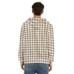 Tan And White Gingham Pattern Print Men's Velvet Pullover Hoodie