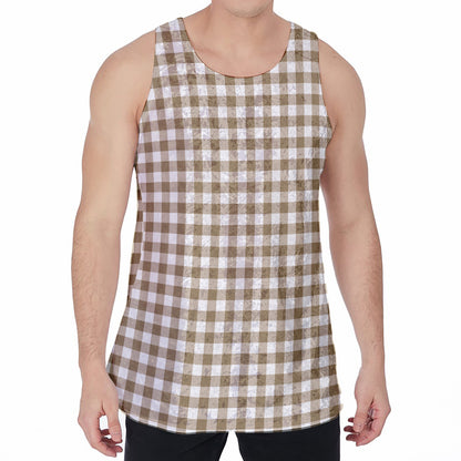 Tan And White Gingham Pattern Print Men's Velvet Tank Top