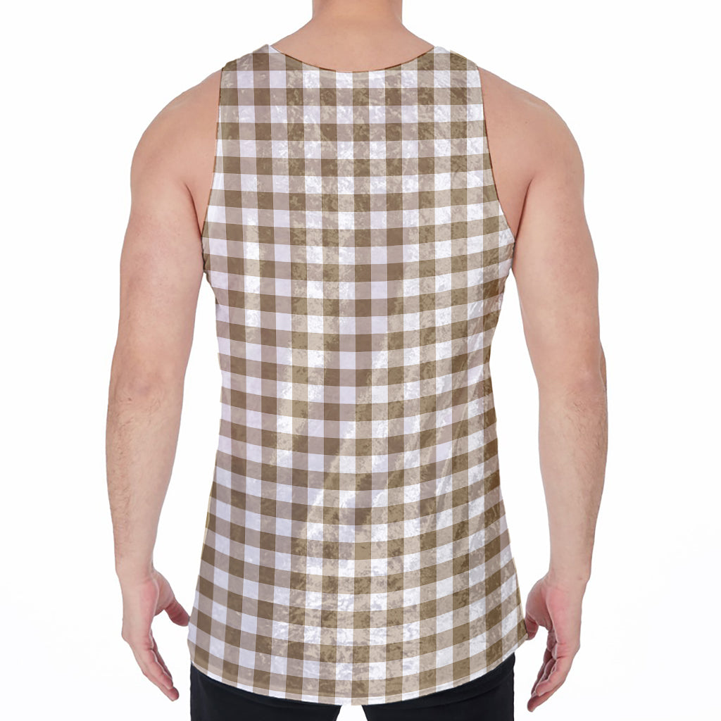 Tan And White Gingham Pattern Print Men's Velvet Tank Top