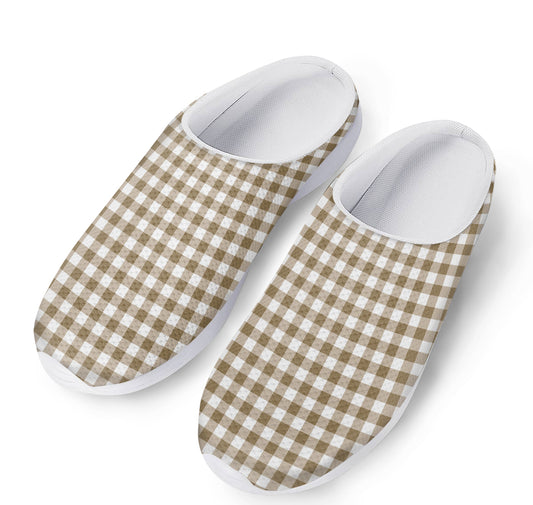 Tan And White Gingham Pattern Print Mesh Casual Shoes