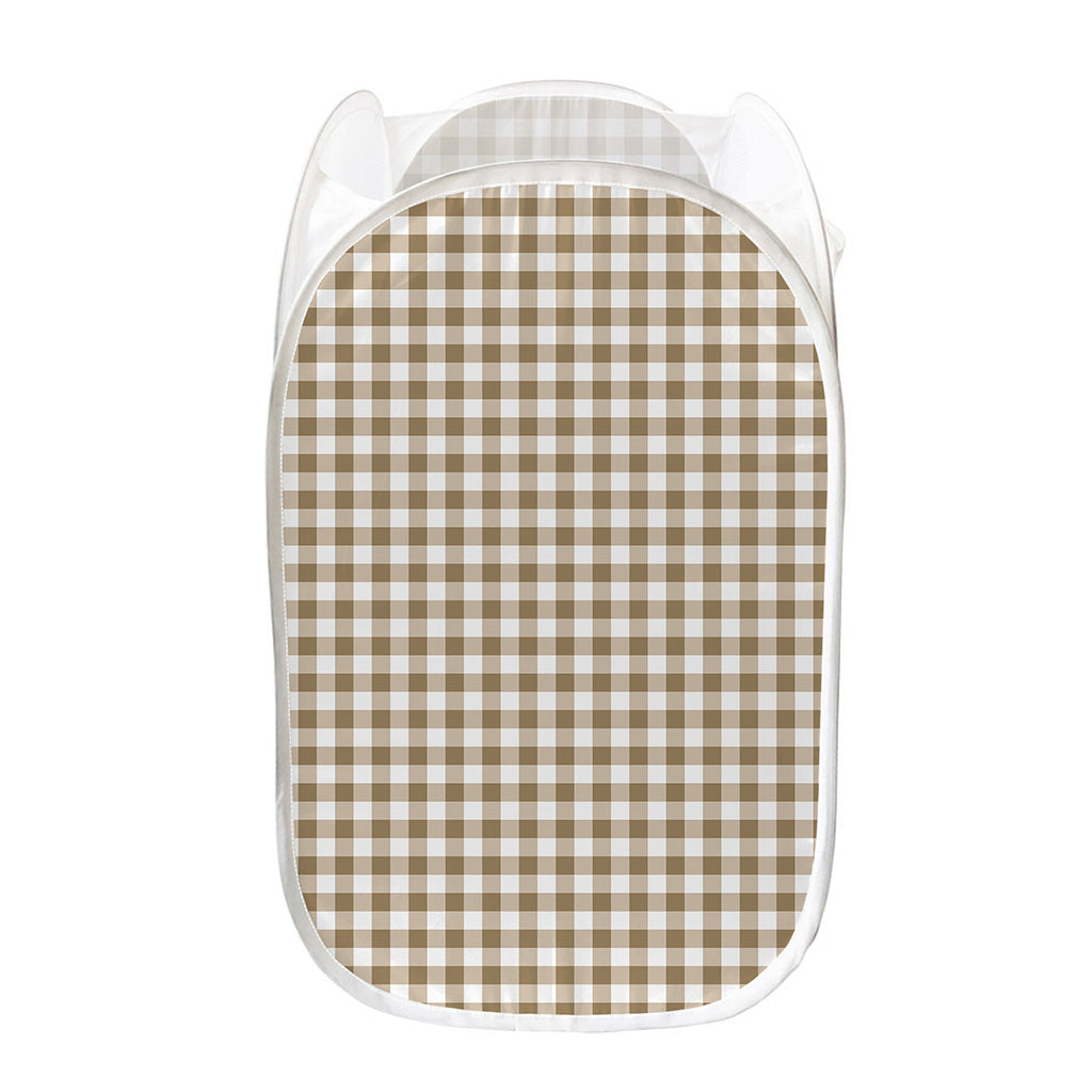 Tan And White Gingham Pattern Print Mesh Laundry Hamper