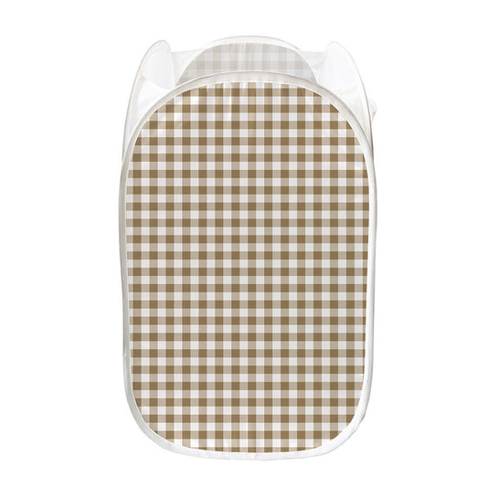 Tan And White Gingham Pattern Print Mesh Laundry Hamper