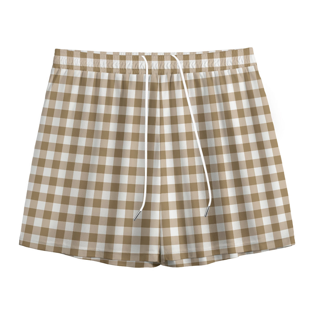 Tan And White Gingham Pattern Print Mesh Shorts