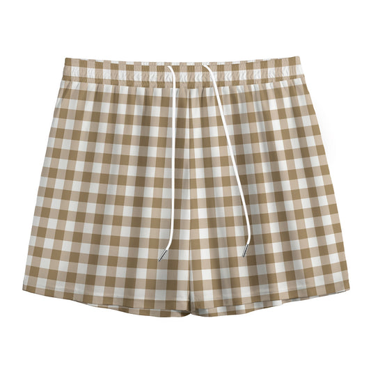 Tan And White Gingham Pattern Print Mesh Shorts