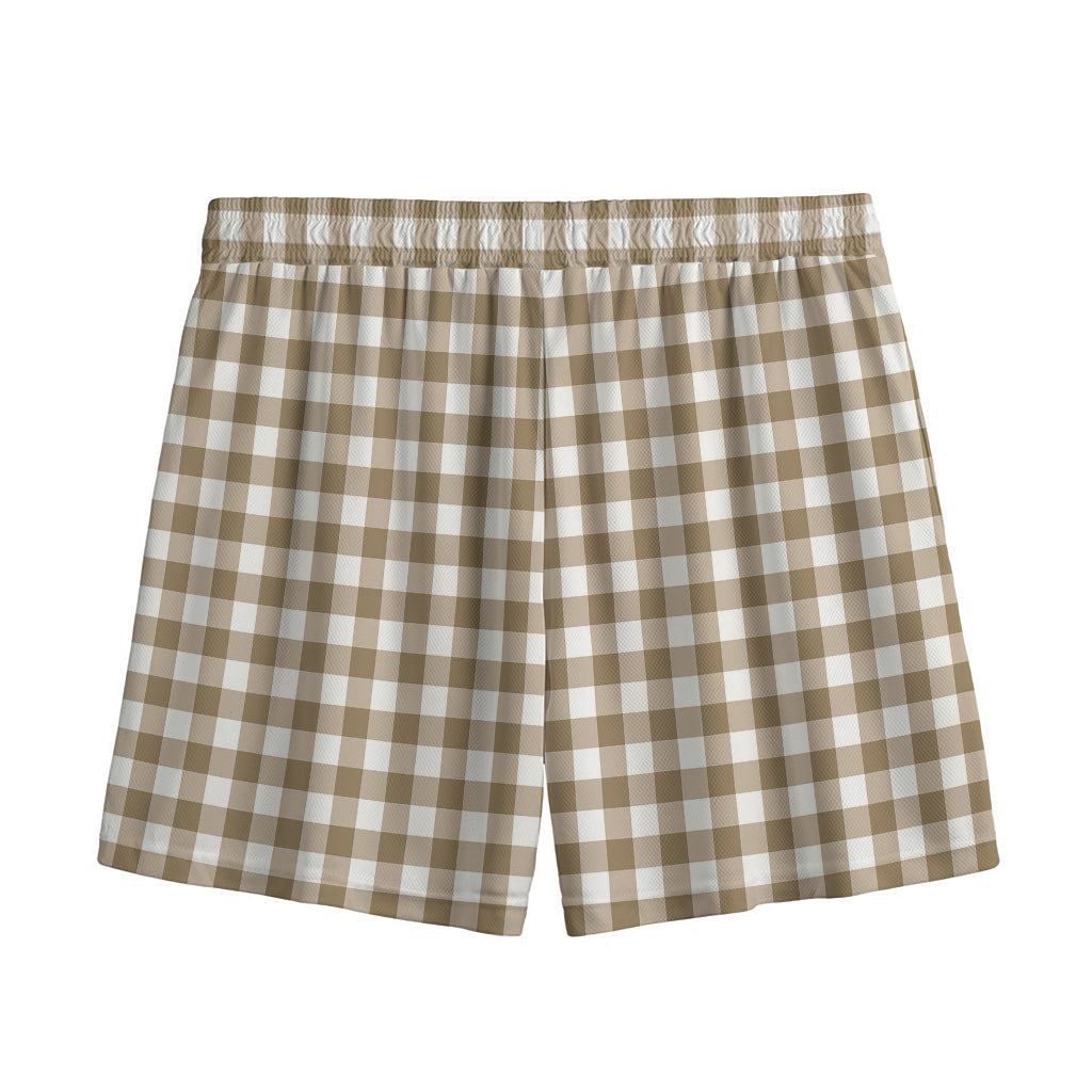 Tan And White Gingham Pattern Print Mesh Shorts