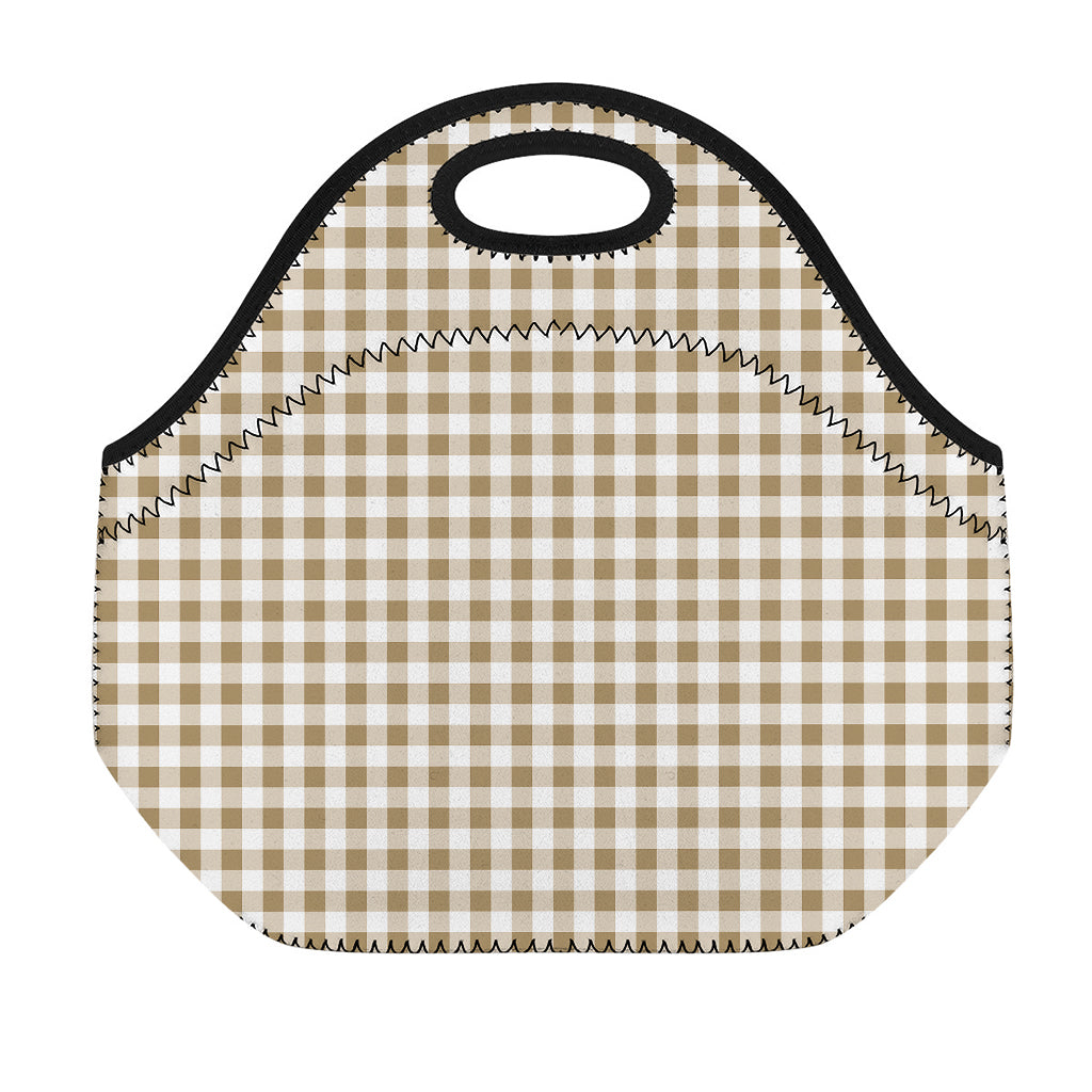 Tan And White Gingham Pattern Print Neoprene Lunch Bag